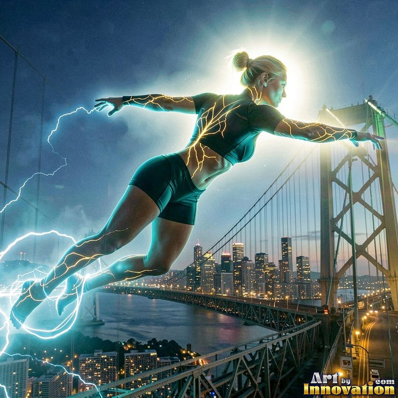 A superhero woman in a green suit flying above a city bridge with lightning at her hands