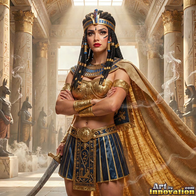 Cleopatra in a gold cape and jeweled headdress standing with a sword in a sunlit temple