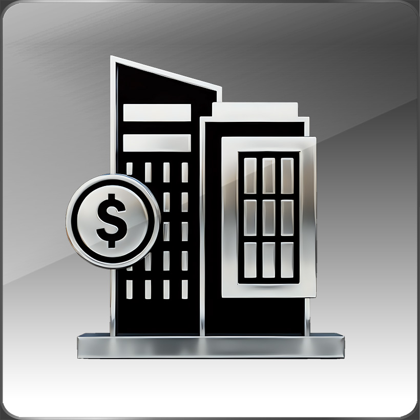 A silver and black metallic icon of an office building with a dollar coin on a brushed steel tile