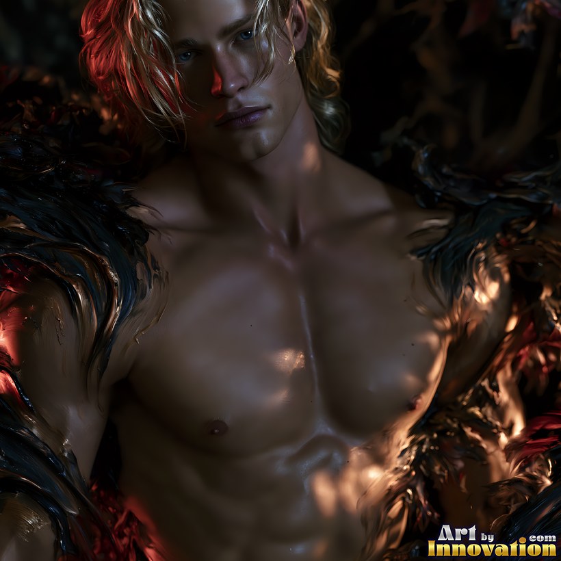 A shirtless blond man in warm red and amber light, dark feathered shapes framing his chest