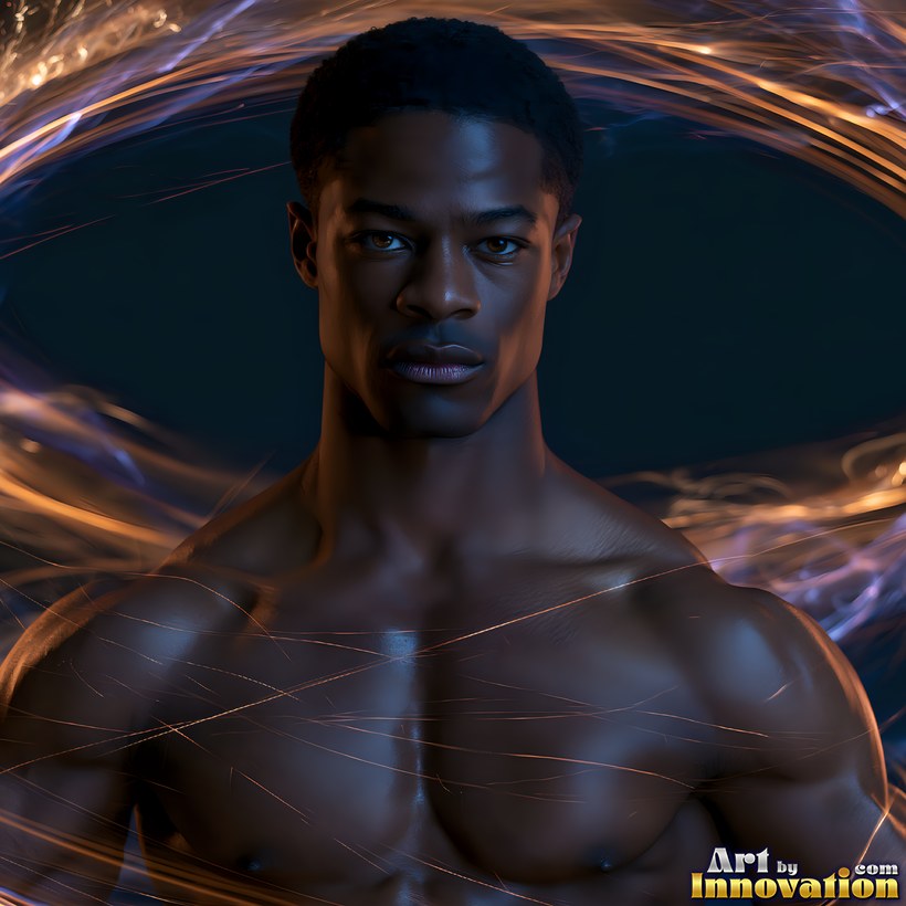 A muscular man framed by sweeping rings of gold and violet light against a dark ground