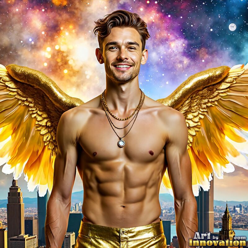 Winged Golden City Twinks – Gold Feathers, Rainbow Sky