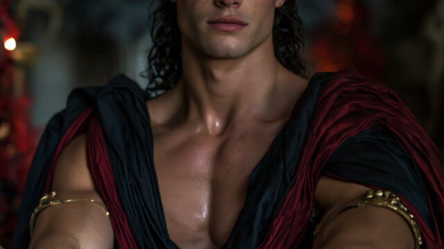 A dark-haired man in a black and crimson draped costume with a spiked crown, a men's Halloween outfit idea