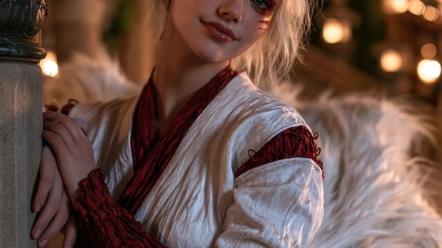 A smiling blonde woman dressed as a fox spirit with white fox ears, a fluffy tail and a red-trimmed white robe, a women's Halloween outfit idea