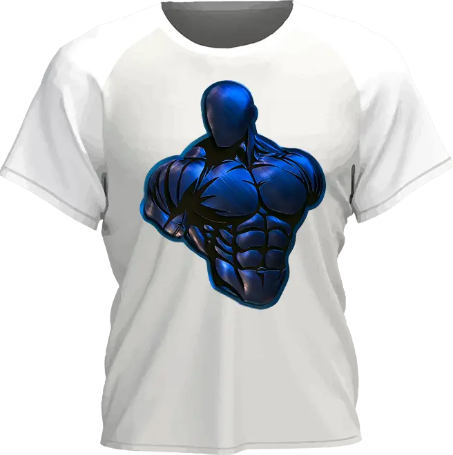 White T-shirt with a blue metallic muscle torso