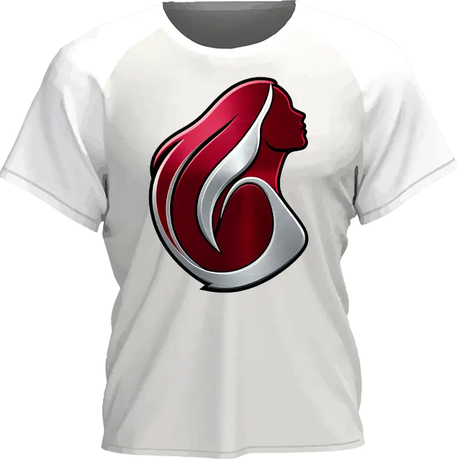 White T-shirt with a red and silver woman profile emblem