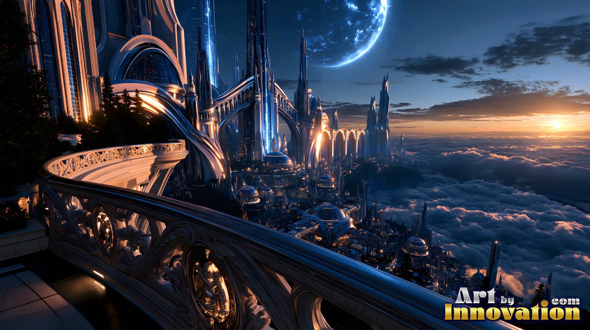 On a high curved balcony, tall pale spires overlook clouds at sunset