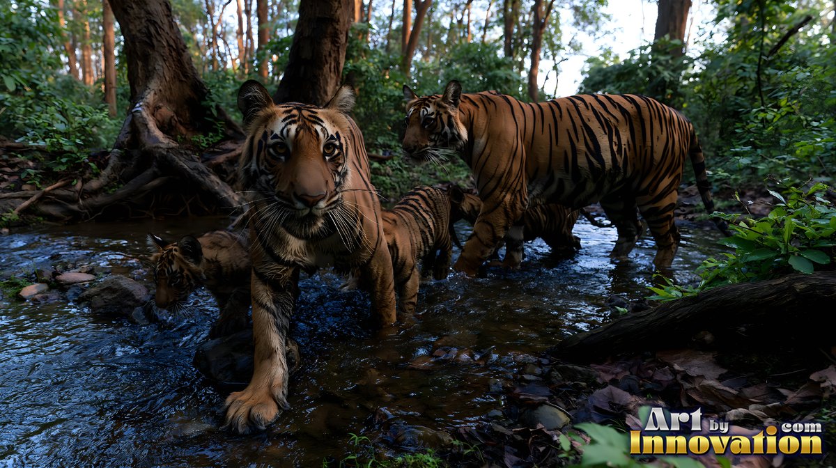 Orange striped tigers and small cubs wade through a shallow forest stream