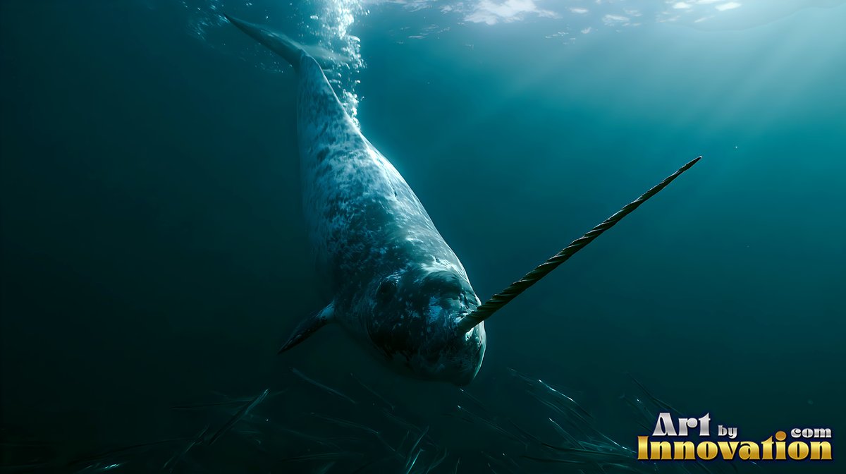 A mottled narwhal swims down through dark greenish blue the sea