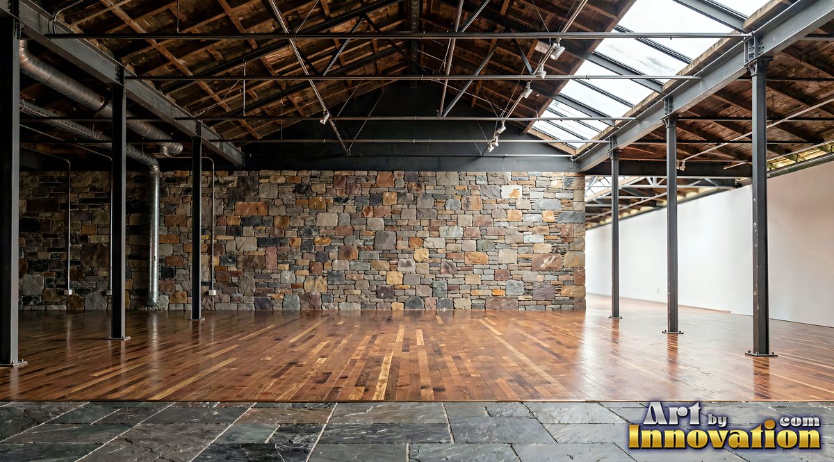 In a skylit loft, an empty studio has a stone wall and polished wood floor
