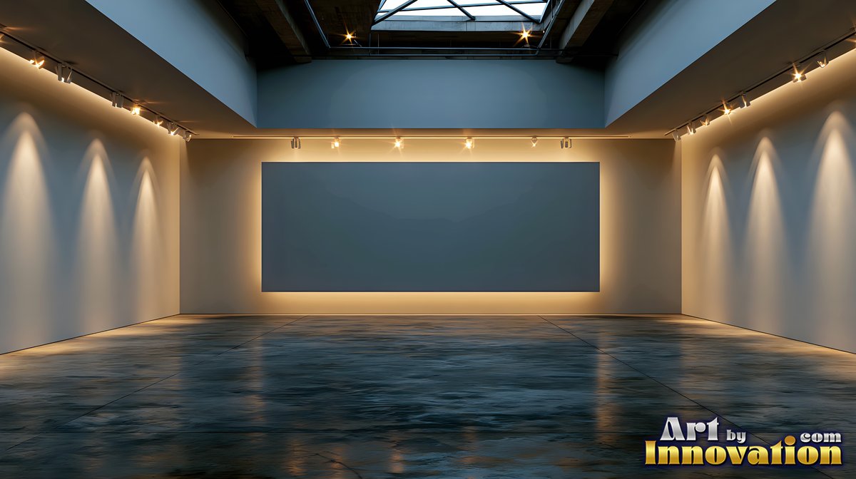 In a dim gallery room, warm spotlights shine on an empty gray canvas