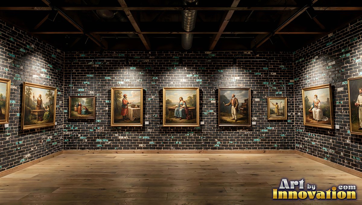 In a dark brick room, spotlit canvases set in frames are hung above a wood floor