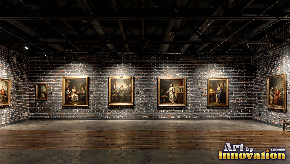 Paintings with frames are mounted on a dark brick wall illuminated by overhead spotlights