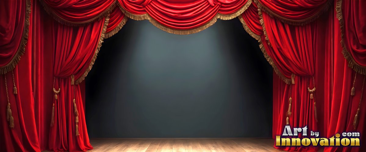 On an empty wooden theater stage, red velvet curtains frame a dark backdrop