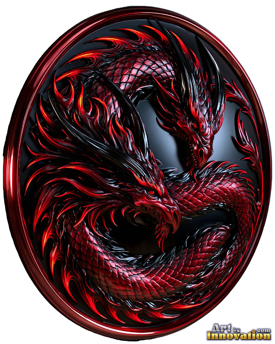Inside a circular black frame, two red dragons coil around each other