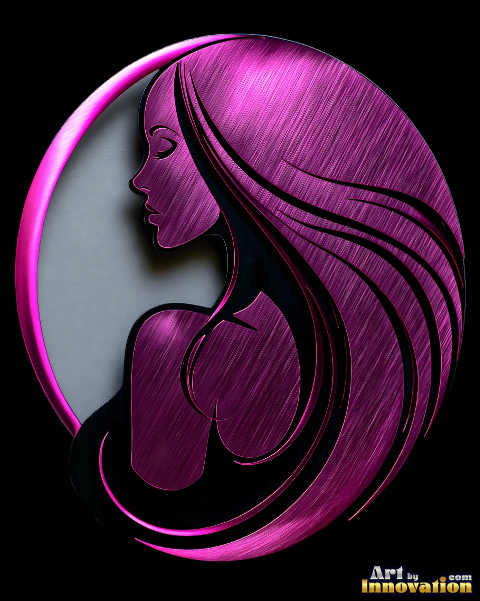 A woman faces sideways in profile, her sweeping hair shining in brushed purple metal