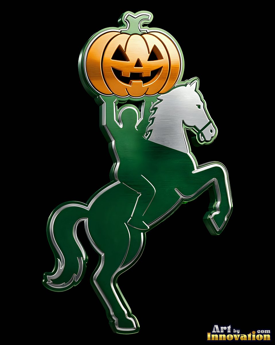 On a white setting, a headless rider on a rearing horse holds up a jack-o'-lantern