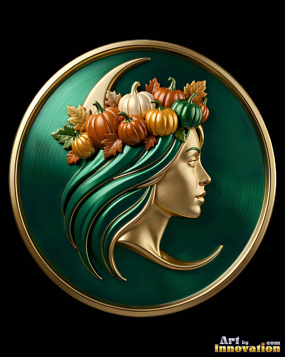 Inside a round gold frame, a gold face with green hair wears a pumpkin crown