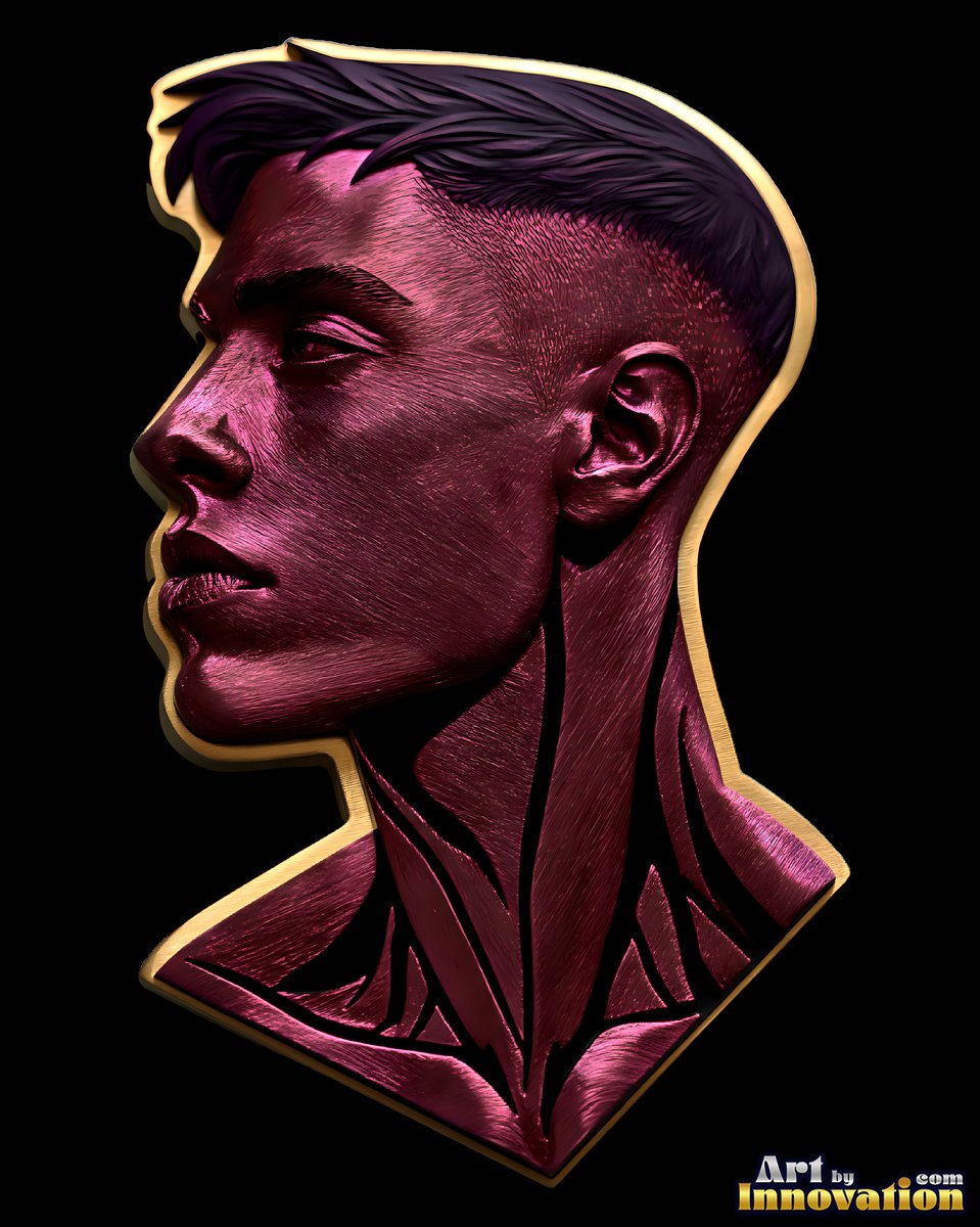Against a white backdrop, a purple metallic bust shows a man in profile looking left