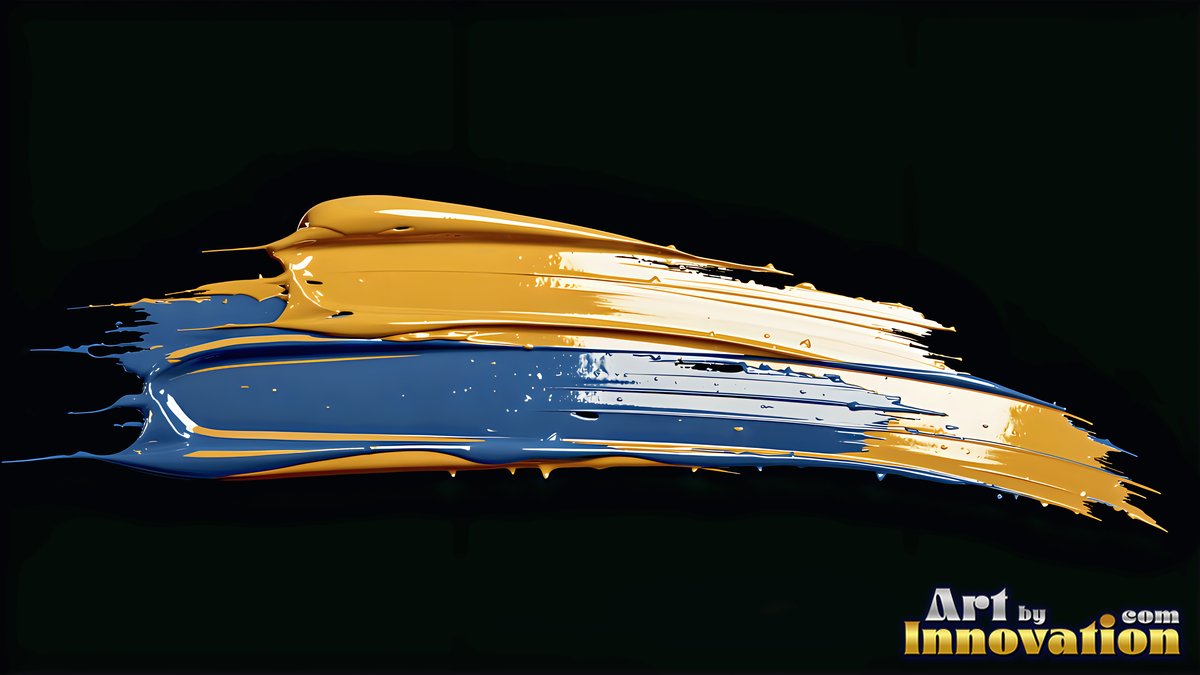 On a dark gray backdrop, a thick stroke of glossy yellow and glossy blue paint sweeps across