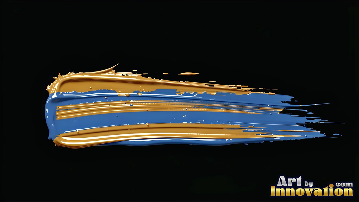 Sweeping across a dark background, a thick brushstroke blends blue and yellow-gold paint