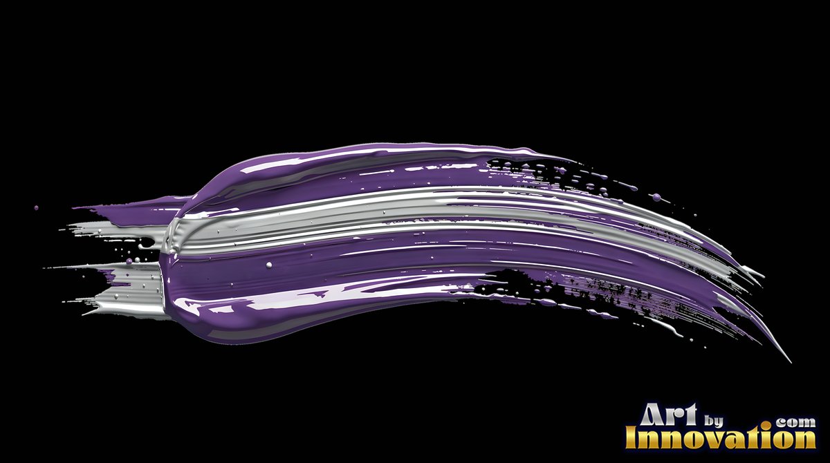 On a deep gray background, a curved brushstroke of violet and silver paint arches across