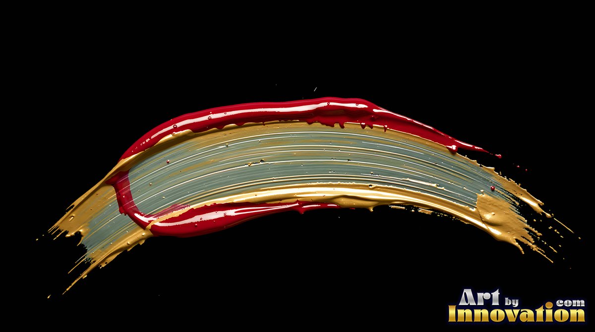 On a dark gray background, a curved sweep of thick red and metallic gold paint curves upward