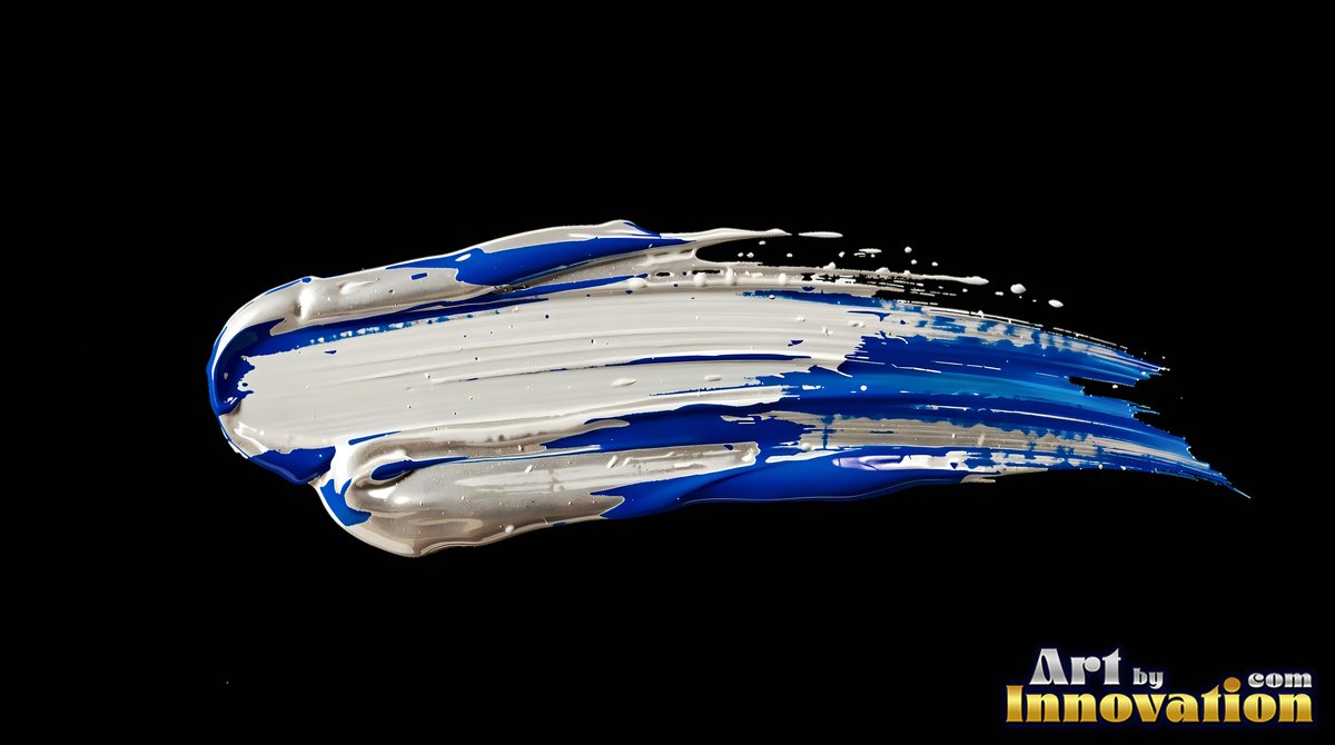 Against a dark background, a thick streak of white and blue paint runs across