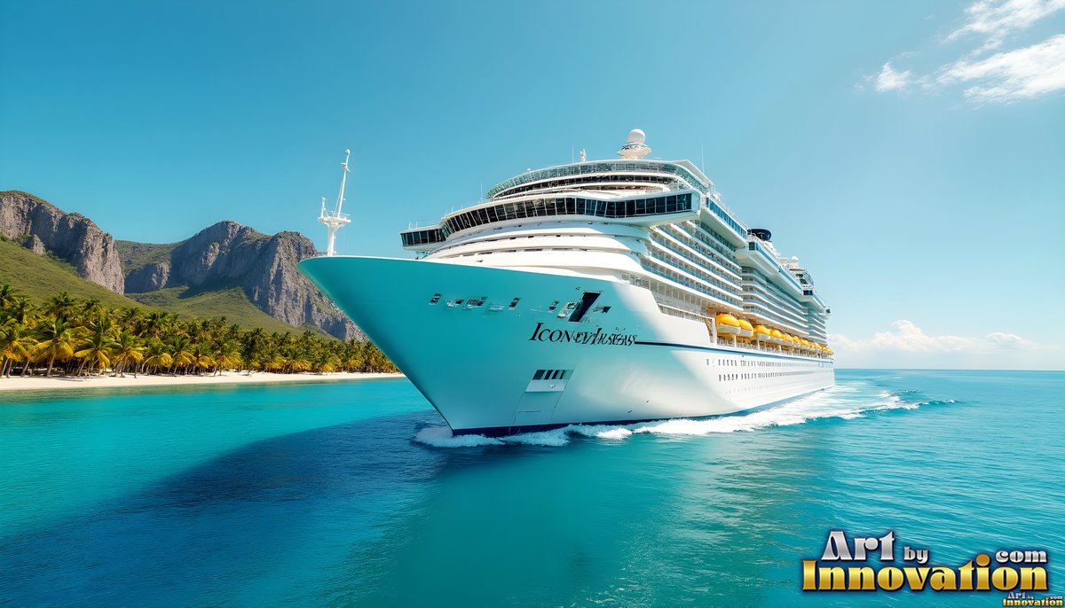 Near a tropical island beach, a white cruise ship journeys through clear turquoise water