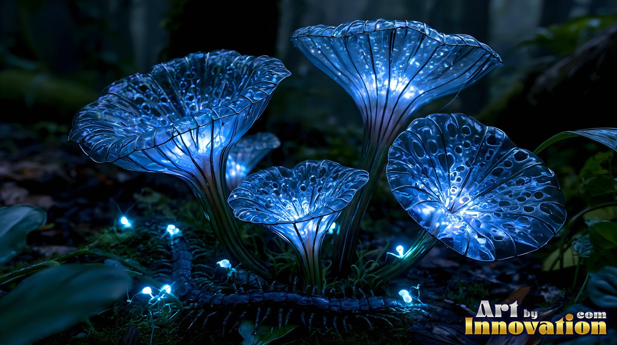Bright blue mushrooms shaped like trumpets shine in the dark woods