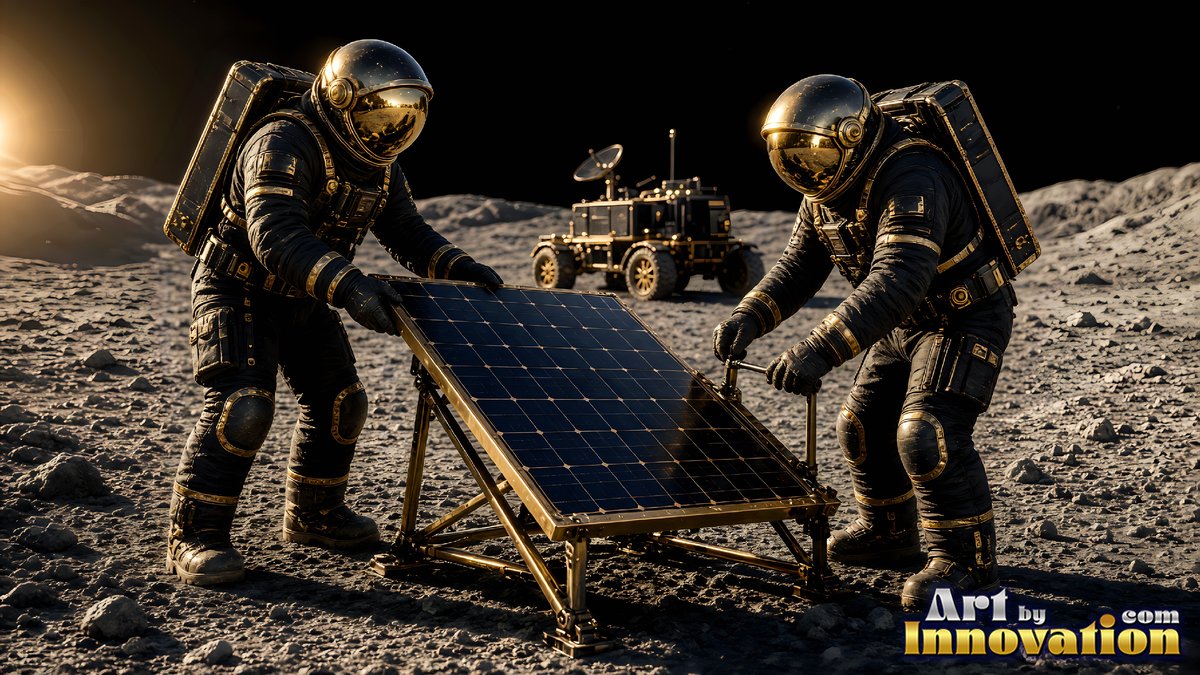 Two astronauts set up a dark solar panel on the moon under bright golden sunlight