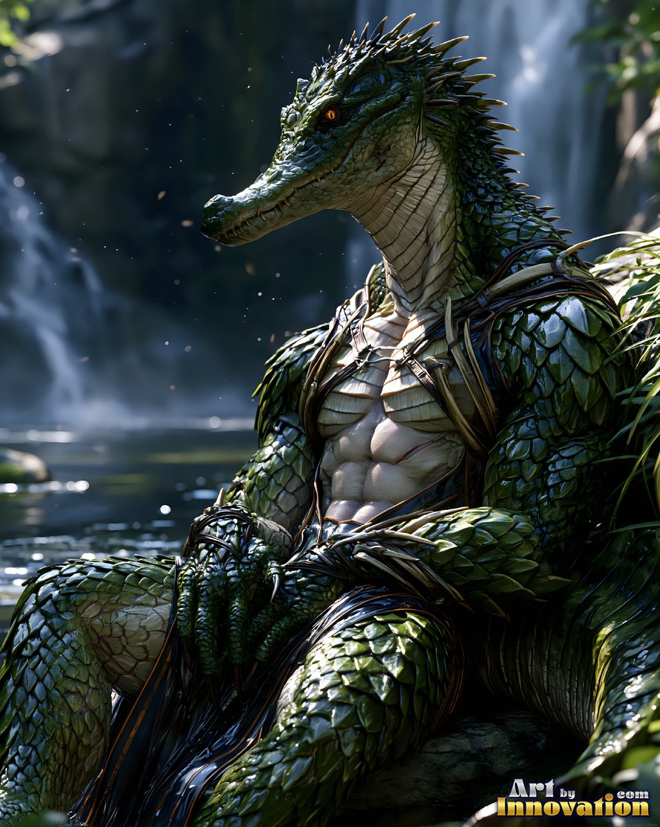 A scaled green lizardfolk fighter rests near a waterfall pool