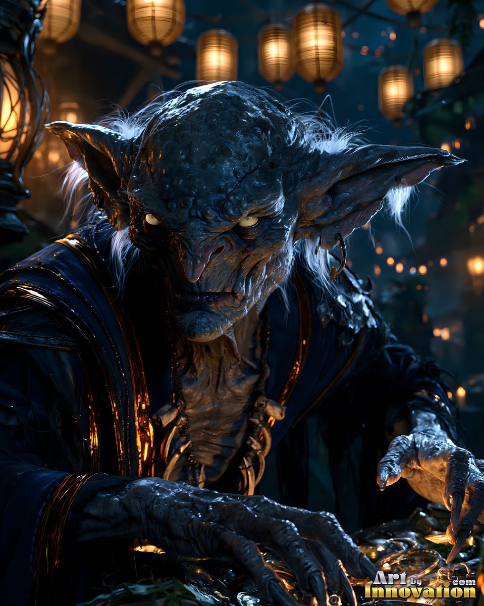 An old goblin leans over bright gold coins under hanging lanterns