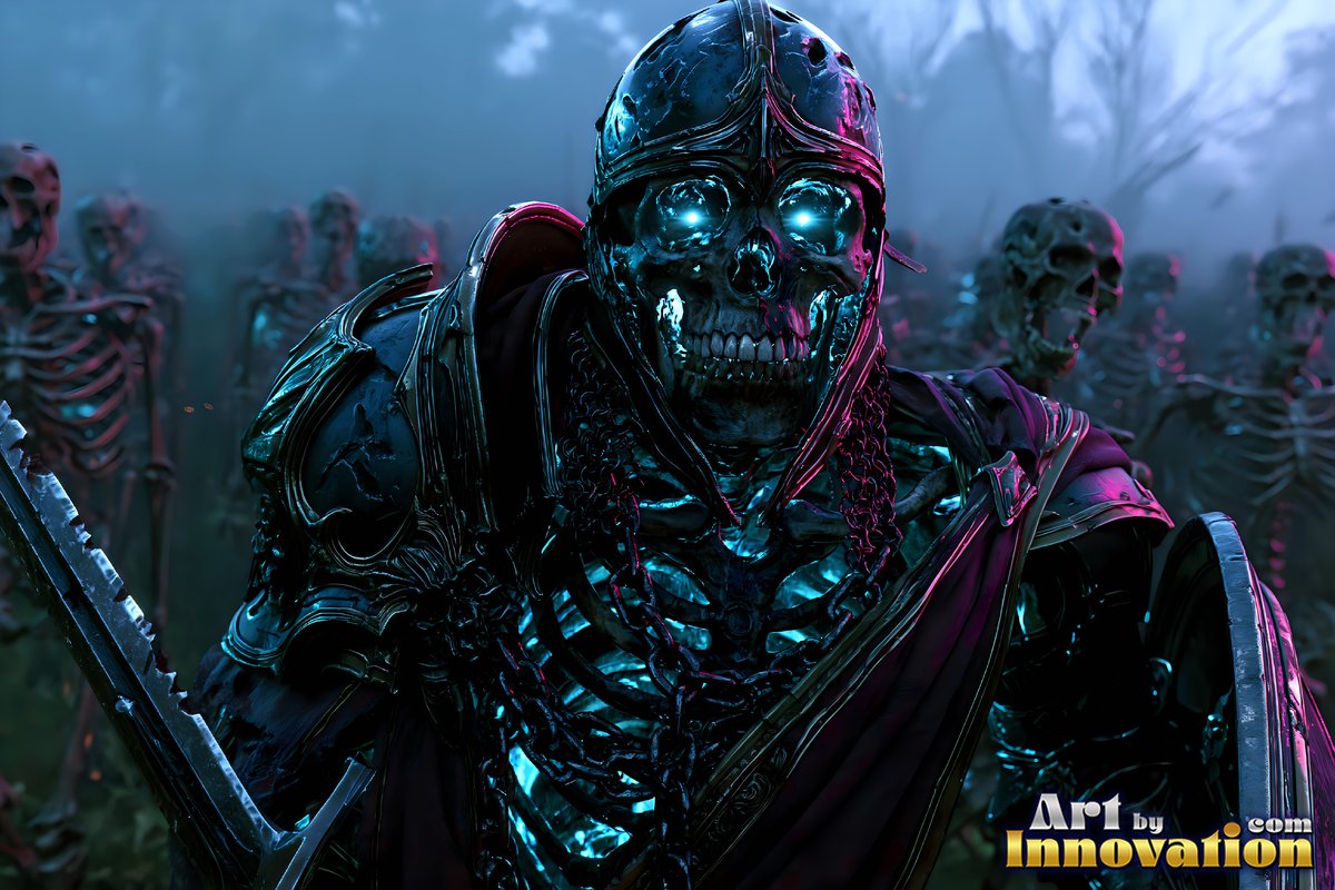 An armored skeleton leads an army through fog, blue light shining from its eye sockets