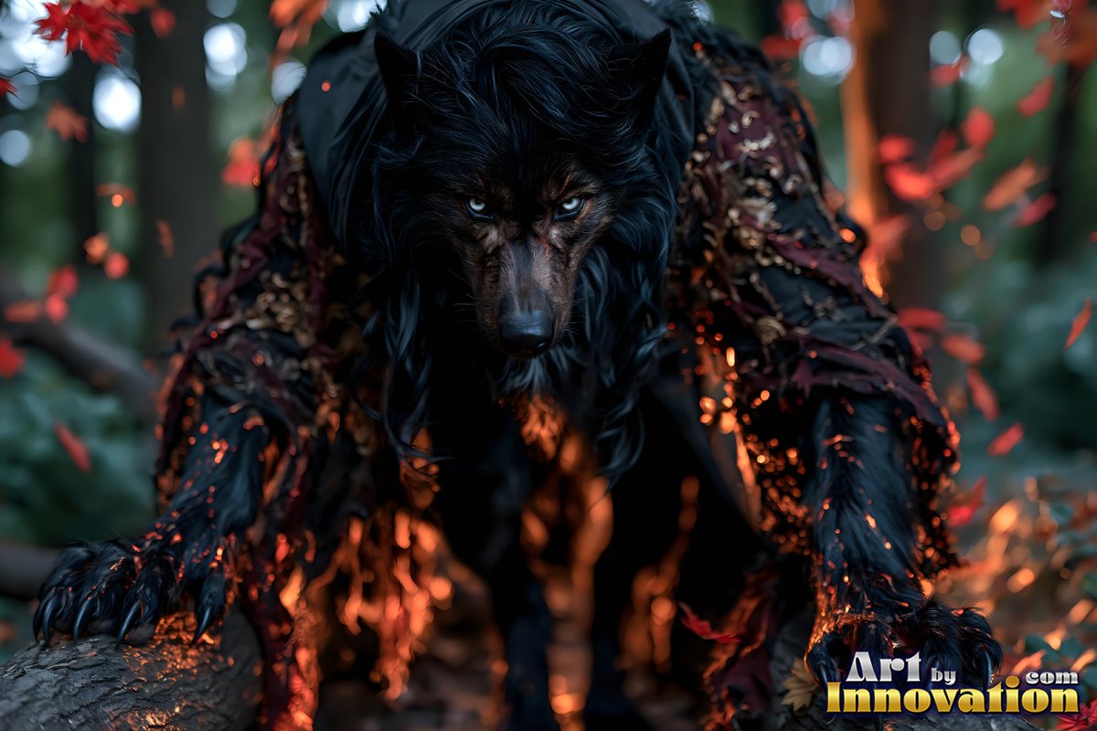 Crouching in the dark woods, a black werewolf in tattered rags stares forward