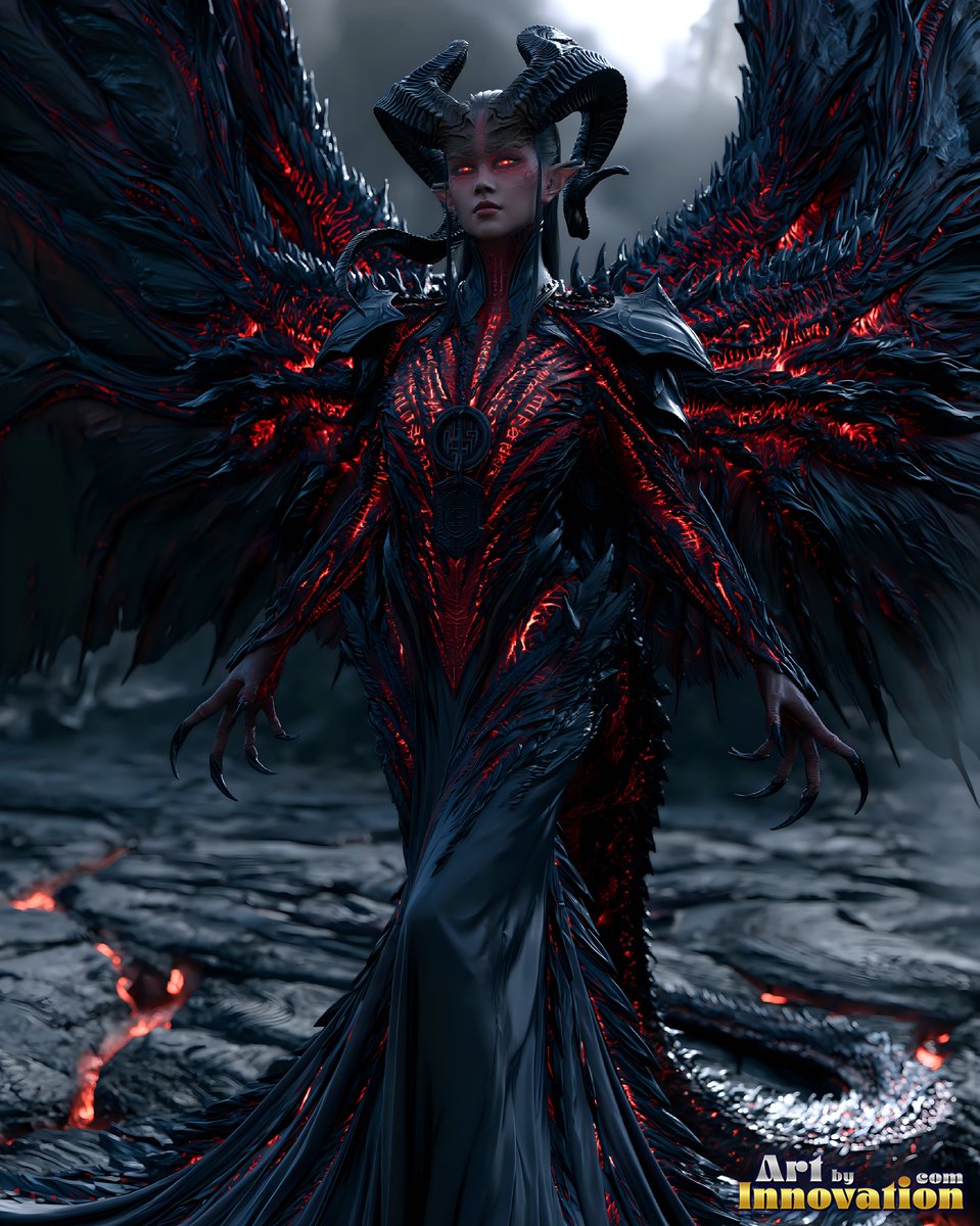 On cracked dark ground, a woman with horns stands with large black and red wings