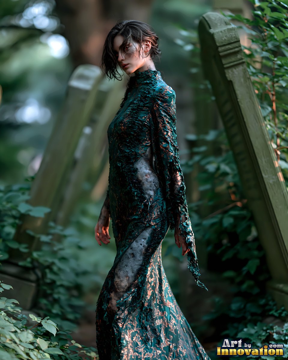 Hauntingly beautiful undead siren with pale skin and dark veins, standing in the ruins of a dead city