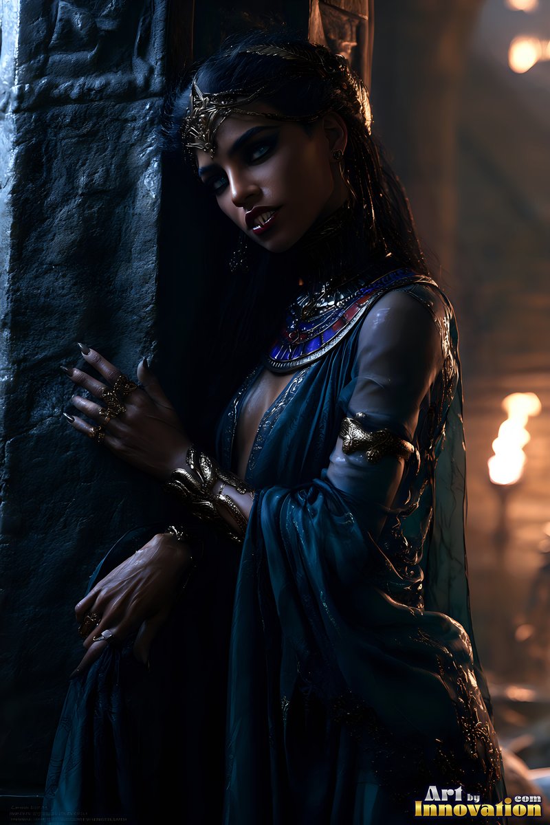 In a dark stone hall, a vampire woman in a teal gown leans against a pillar