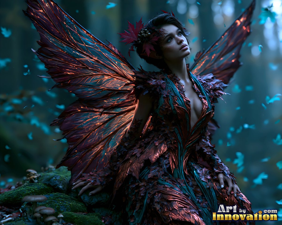 Sitting back in a dark woods, a woman rests with wide copper leaf wings