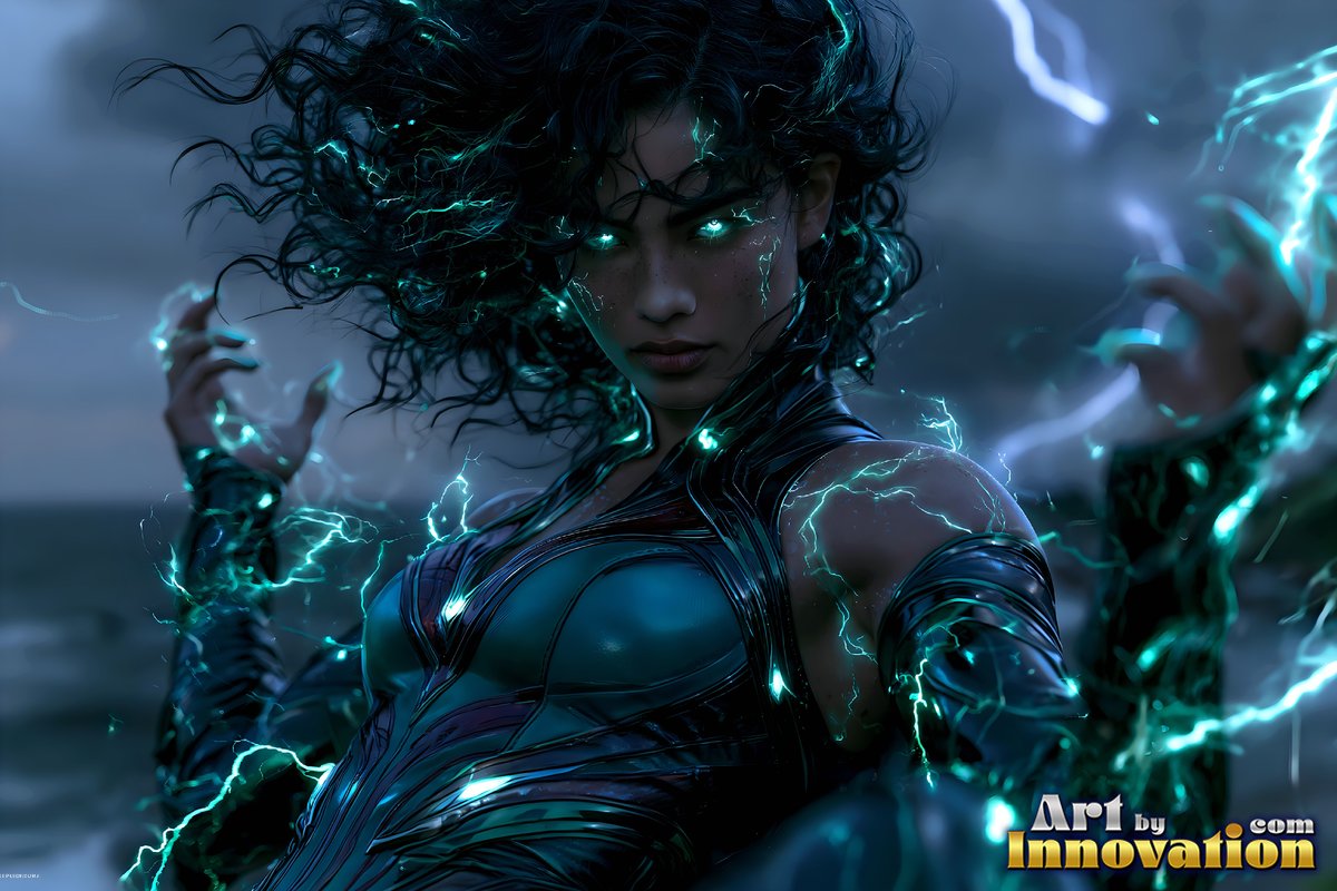 In dark teal armor on a stormy coast, a woman summons blue lightning from her hands