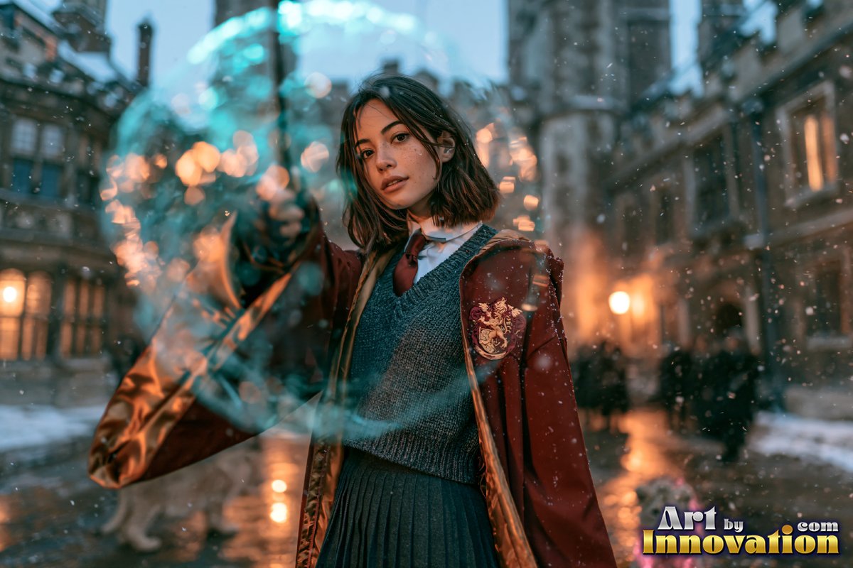 A young sorceress in scarlet and gold robes throws up a shield of light beneath the floating candles of the great hall