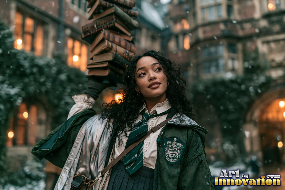 A young sorceress in emerald green and silver robes casts a spell across a black-marble dueling hall