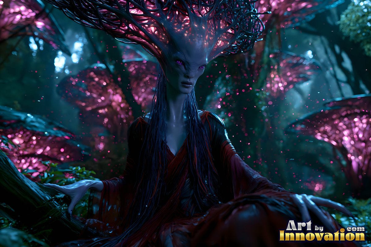 With wide branching horns, an alien woman sits quietly in a dark forest surrounded by bright pink fungi