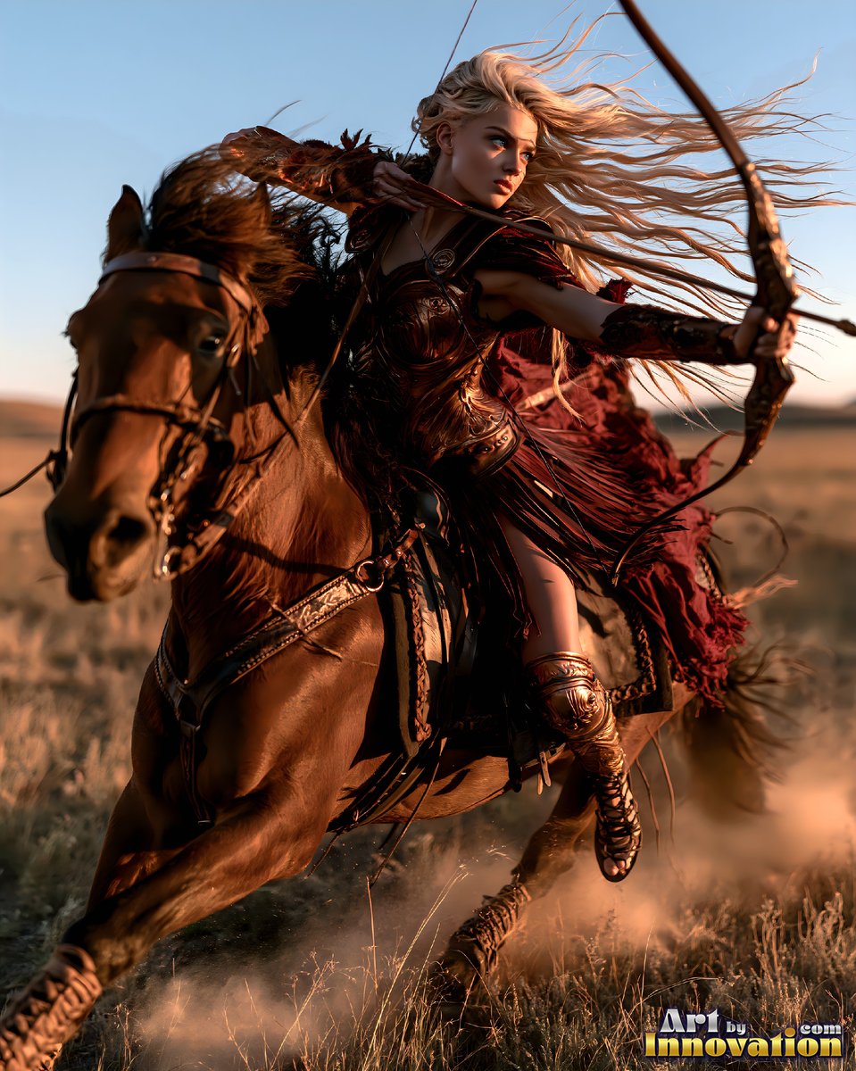A blonde woman draws a bow while riding a brown horse across a dry field