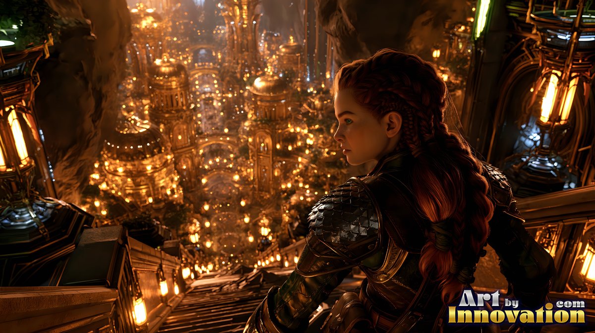 Looking down stone stairs, a braided woman in dark armor watches a bright gold city below
