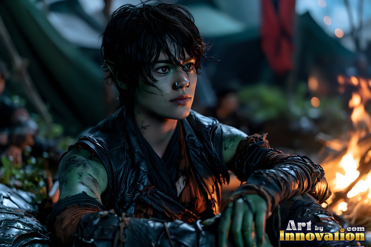 A green-skinned orc woman with dark hair sits quietly by an orange camp fire