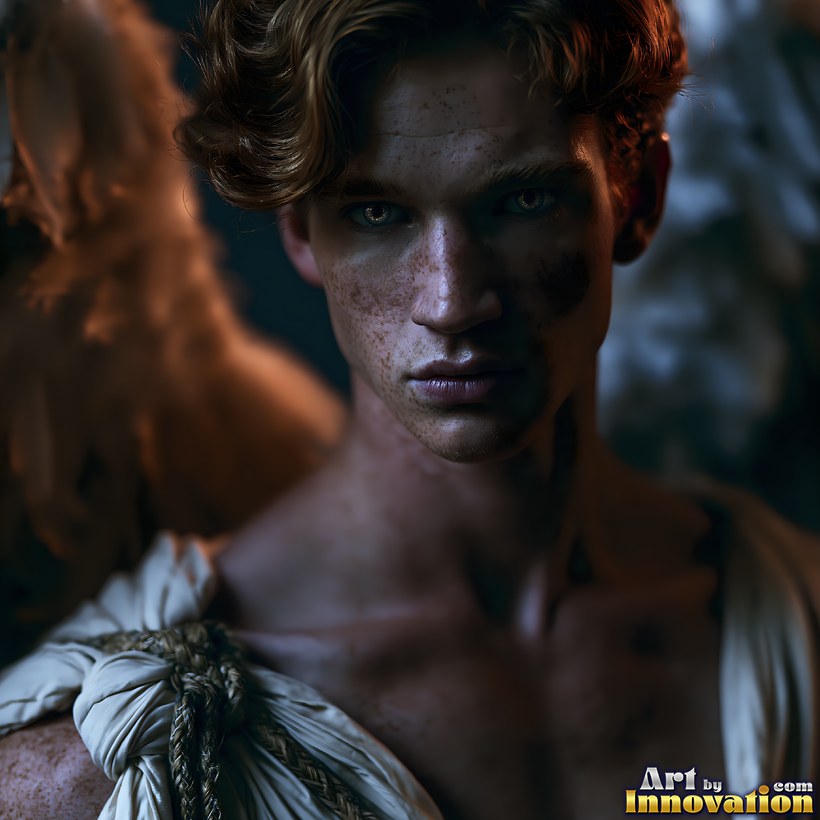 A freckled man with tousled auburn hair and a steady gaze, a white robe knotted with rope at his shoulder and copper wings behind him