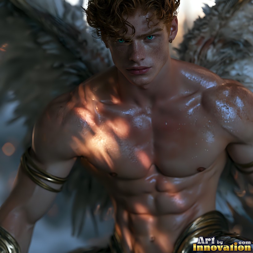 An angel with auburn curls and gold arm cuffs, pale wings spread behind his shoulders
