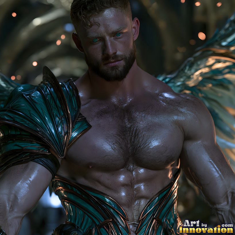 A bearded angel in teal and silver armor with iridescent wings and warm light behind him