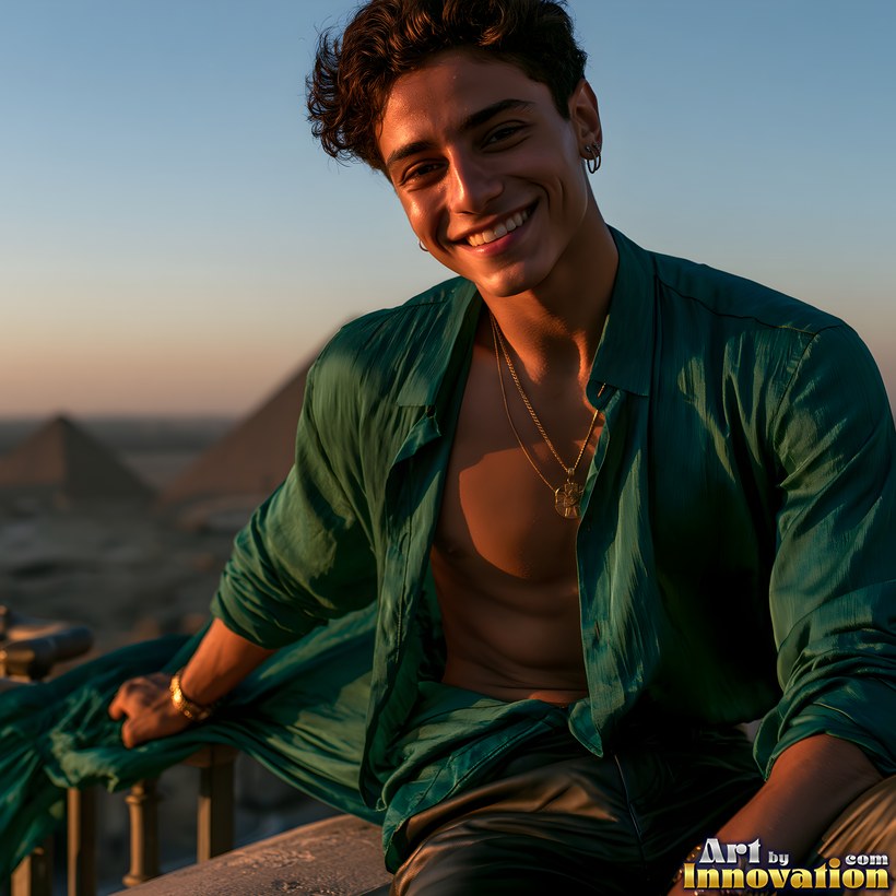 A smiling young man with dark curly hair in an open green silk shirt and gold chains, seated on a balcony at dusk with a pyramid behind him
